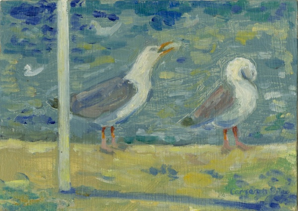 Painting: Two seagulls on the harbour edge by the sea .