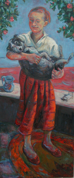 Painting:A girl in a white shirt and red skirt holds a dog in her arms . Beside them are objects on a window ledge.
