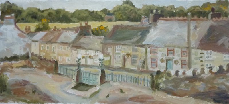 A painted view of cottages from the studio window, Praze an Beeble, Cornwall