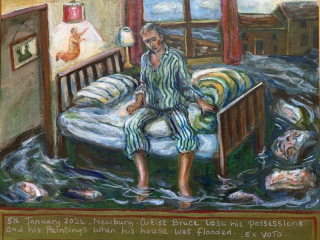 Painting of a man sitting on his bed with his house flooded
