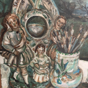 A painted still life of Staffordshire figure and Pool pottery vase with brushes .