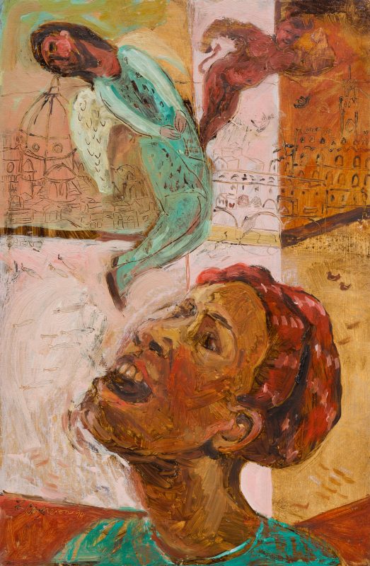 A head with mouth open with an age and devil hanging above , with Florence in the background.