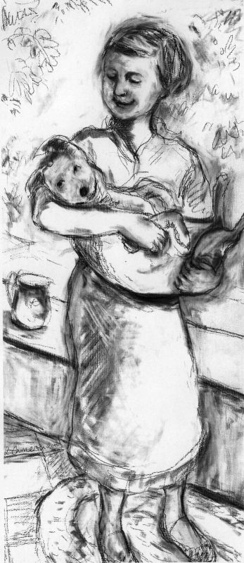 Drawing - A girl holds a black and white dog in her arms .