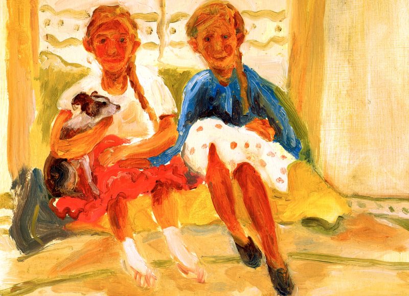 Painting - two little girls sit with a dog