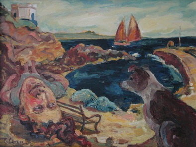 Painting - A figure lying down looking at a seated dog, with the sea and coast behind them