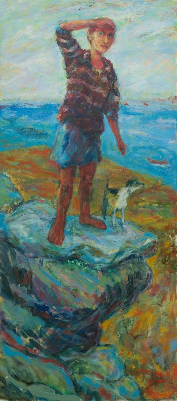 Painting of a woman on a cliff edge with her dog looking at the viewer .