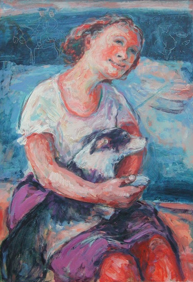 A seated woman with a black and white dog and figures inscribed into the paint around her .