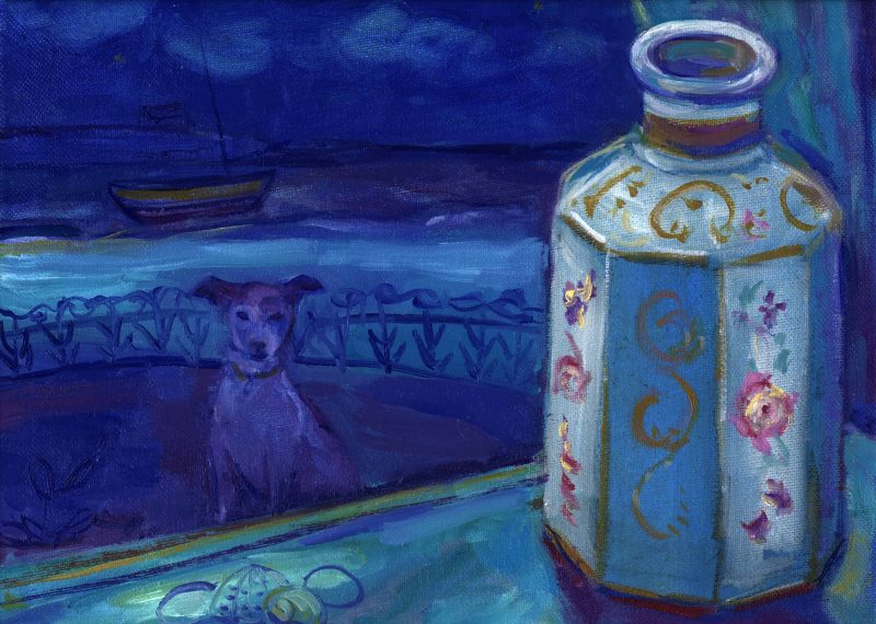 Painting - A window ledge with a china bottle on it , with a dog outside and the sea beyond .