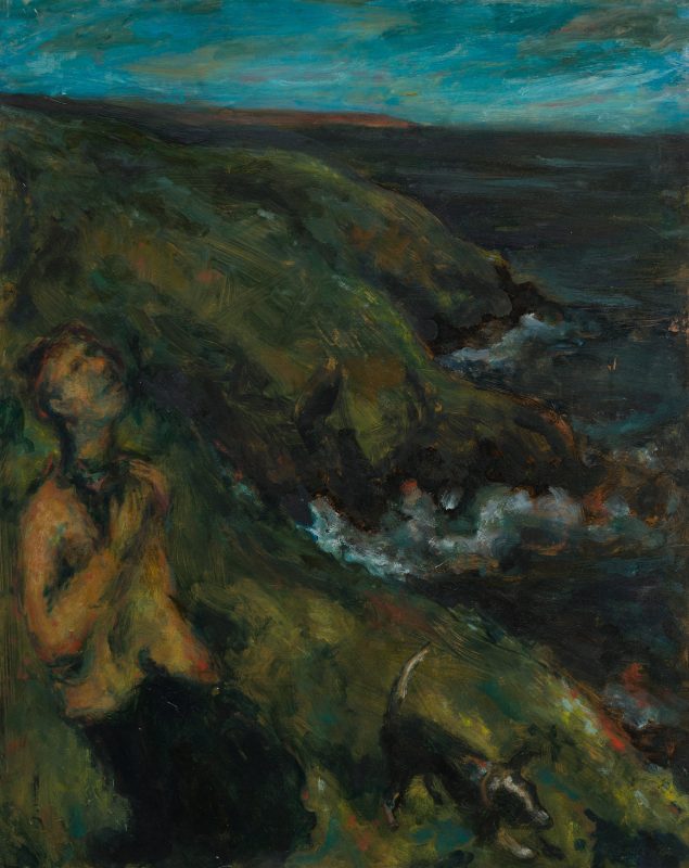 A dark toned painting of a figure with their dog walking the Cornish cliffs as night falls