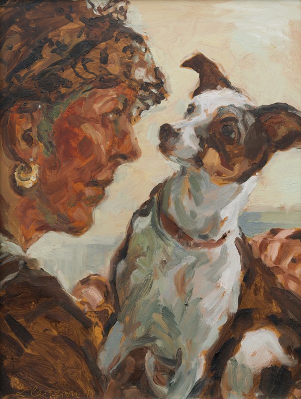 painting showing the head of a figure with a dog looking at a butterfly