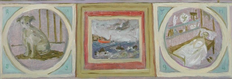 Paintings - detail showing a row of three small paintings ,of a dog,a seascape and a man in a bed .