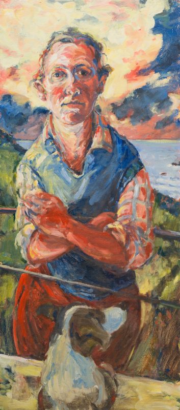 Figure with their dog looking over a gate by the sea