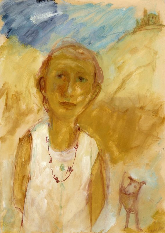 loose painting of a figure in a field with a little dog and a building far behind on a hill.