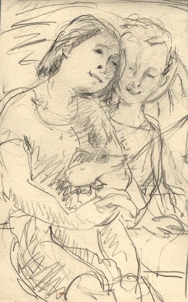 drawing of two figures with a dog.