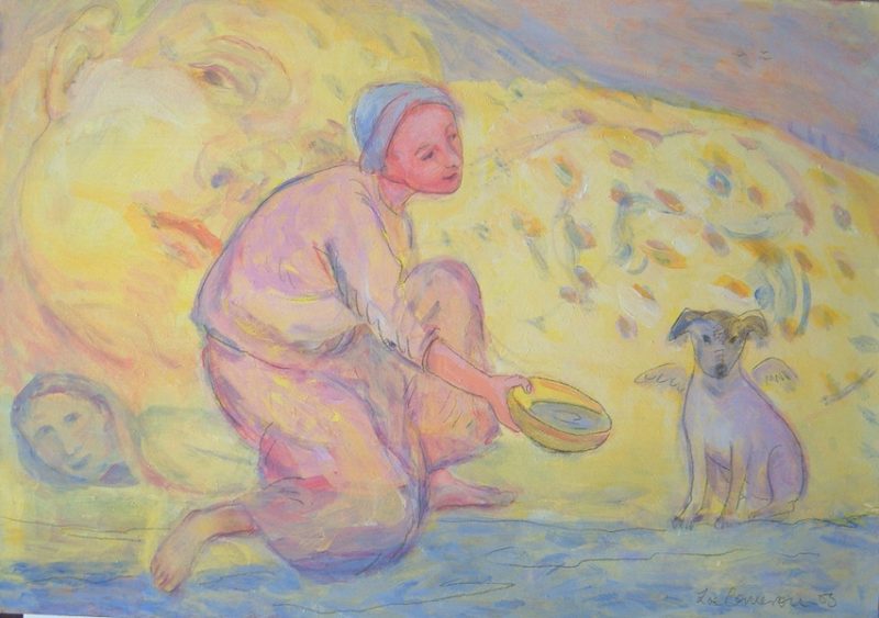 A figure crouches offering a dog a bowl of water , but the dog remains seated against the backdrop of a head.