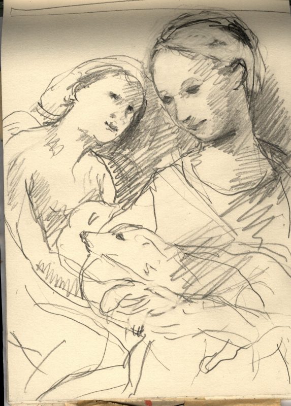 drawing of two figures with a dog.