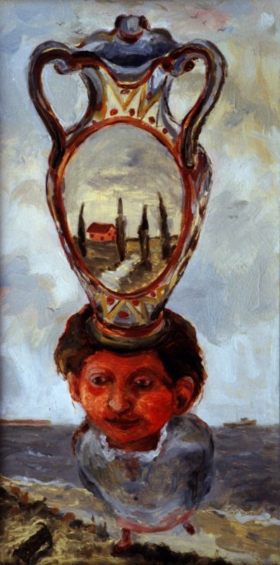 Painting of a figure balanced on the edge of a cliff with a vase on their head and dog at their feet.